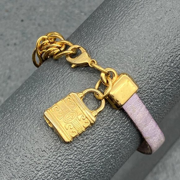 Lock Charm Bracelet As Is Cross Gold Chunky Chain Purple Leather Strap Retro - Picture 1 of 8